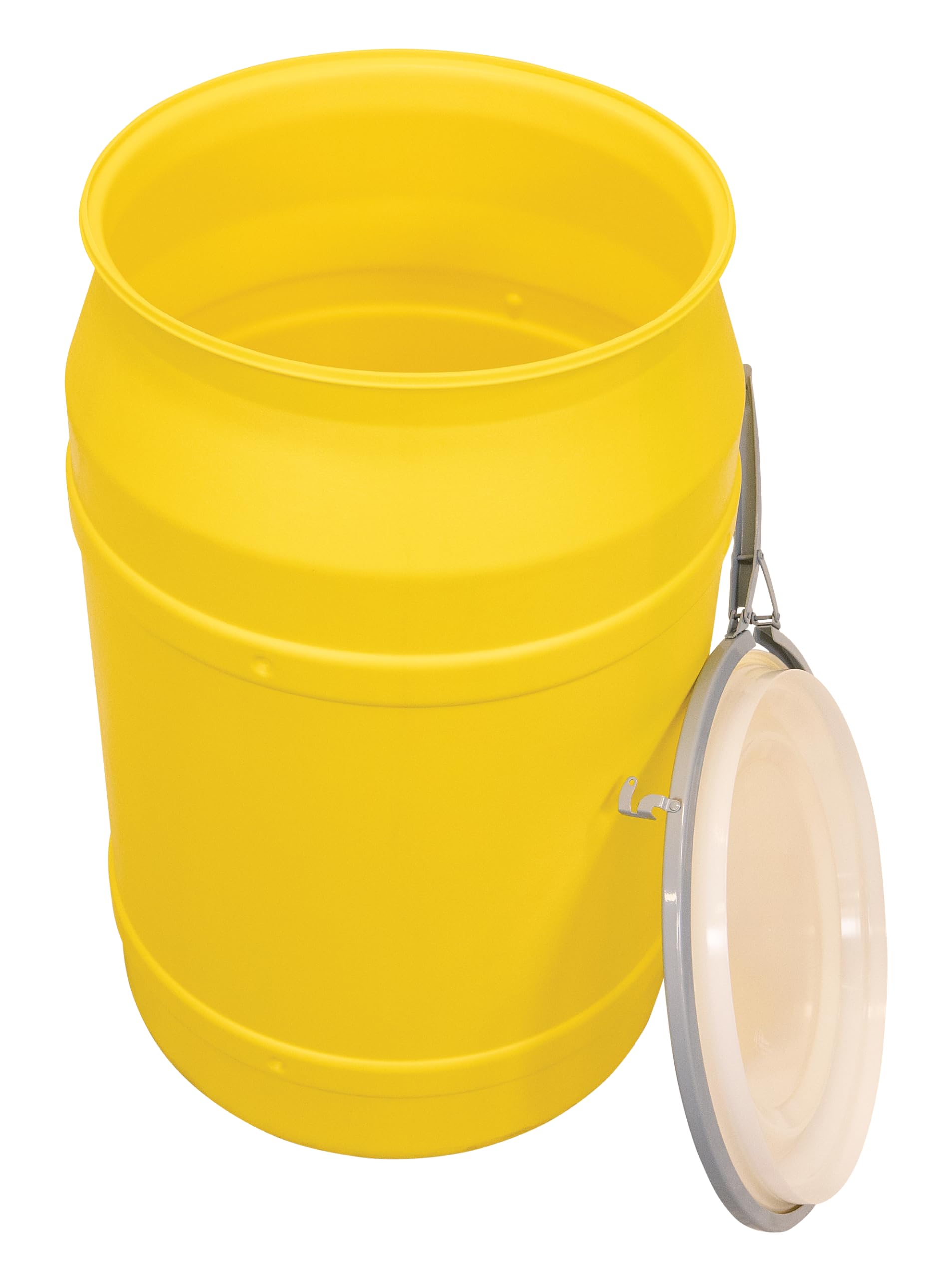 55 Gallon Eagle Plastic Drum with Lid, Metal Lever-Lock, 36.4"x22.5", Open Head Lab Pack Drum Made of Durable, Lightweight HDPE, Withstands Weather and Chemicals, Made in USA, Yellow, 1656M
