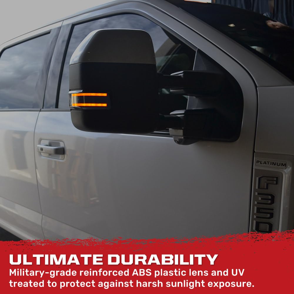 RECON Premium LED Side Mirror Lenses Fits Ford 17-24 F250, F350, F450, F550 w/Amber Daytime Running Lights (DRL), Blinking Turn Signals & White Spot Lights - Smoked Lens