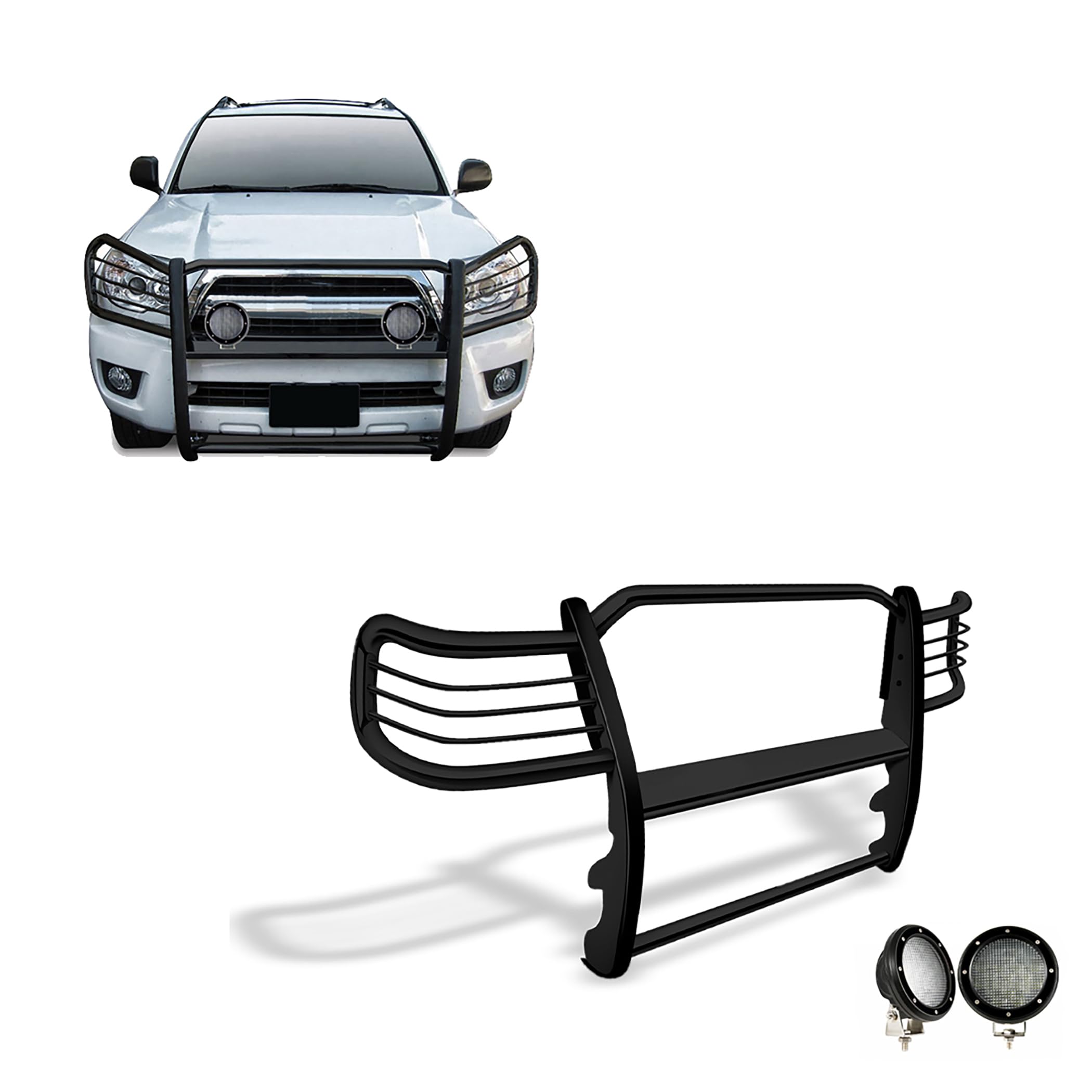 Grille Brush Black Horse Bumper Guard Modular Come with Pair of 5.3" Dia.LED Lights with Black Trim Rings Compatible with 2003-2009 Lexus GX470|2003-2009 Toyota 4Runner-17TU26MA-PLFB
