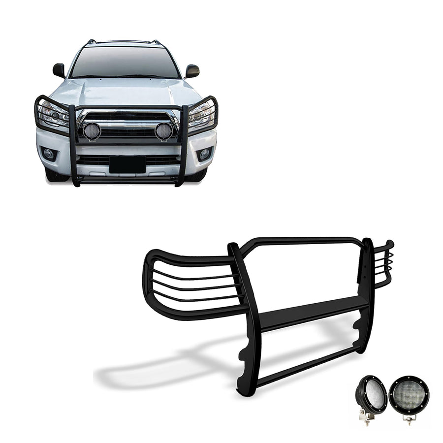 Grille Brush Black Horse Bumper Guard Modular Come with Pair of 5.3" Dia.LED Lights with Black Trim Rings Compatible with 2003-2009 Lexus GX470|2003-2009 Toyota 4Runner-17TU26MA-PLFB