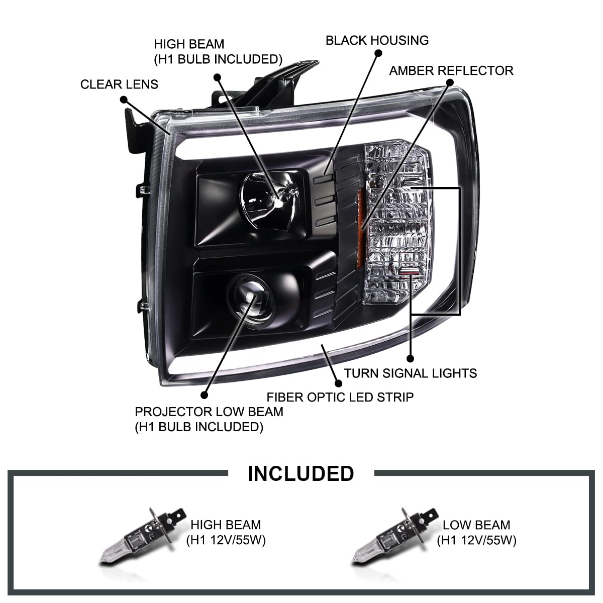 Black LED Light Tube Projector Headlights SPEC-D TUNING Compatible with 2007-2013 Chevy Silverado 1500 2500HD 3500HD, Left + Right Pair Headlamps Assembly