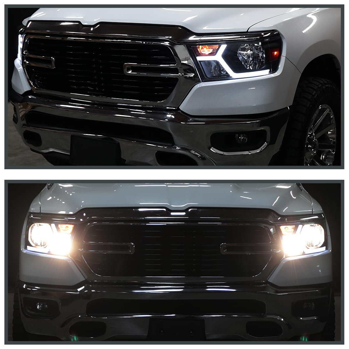 Black LED Tube Headlights SPEC-D TUNING Compatible with 2019-2024 Dodge Ram 1500, Left + Right Pair Headlamps Assembly