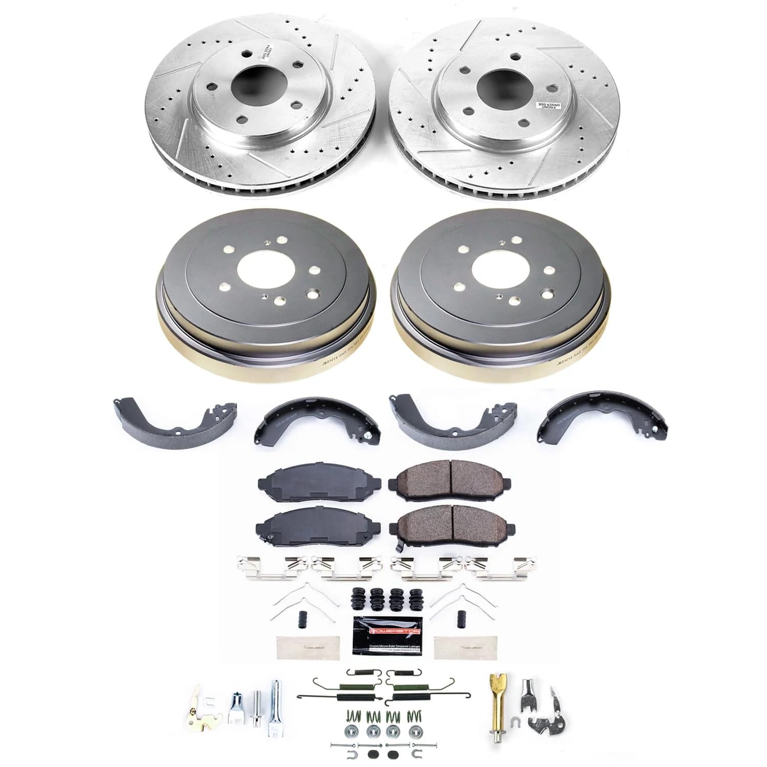 POWERSTOP Z23 Carbon-Fiber Ceramic Brake Pads and Drilled Slotted Rotors Brake Kit Front and Rear with Brake Shoes and Drums [Vehicle Specific] For Chevy City Express, Nissan NV200 [Model Specific]