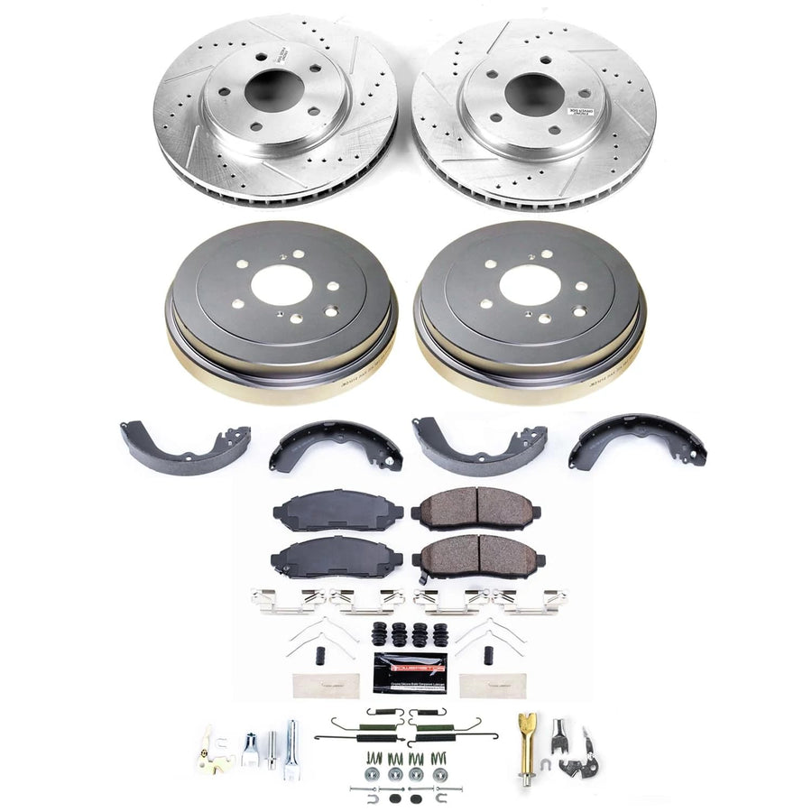 POWERSTOP Z23 Carbon-Fiber Ceramic Brake Pads and Drilled Slotted Rotors Brake Kit Front and Rear with Brake Shoes and Drums [Vehicle Specific] For Chevy City Express, Nissan NV200 [Model Specific]