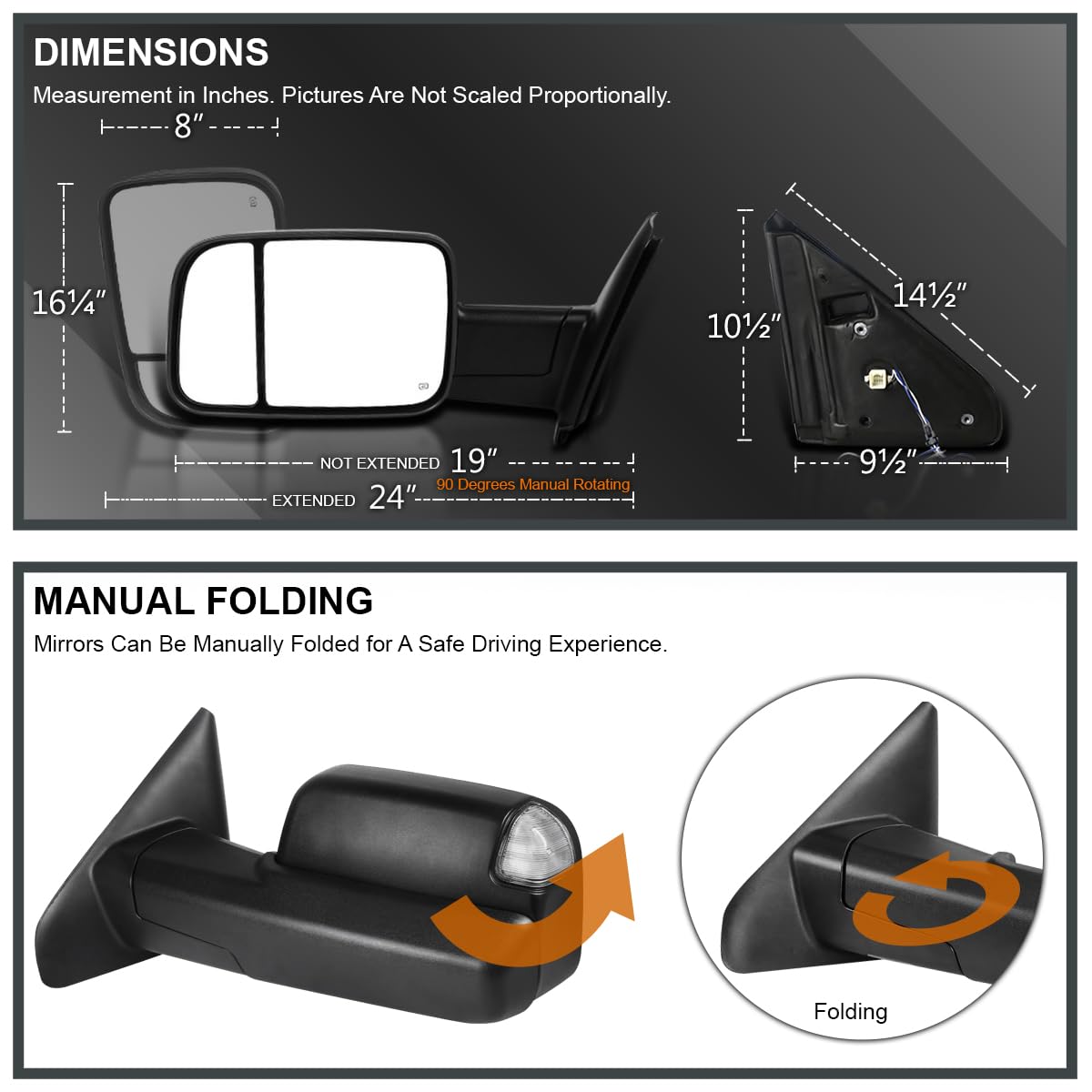 Power Heated Tow Mirrors Spec-D Tuning (2009 Look) Black w/Turn Signal Lights Compatible with 2002-2008 Dodge Ram 1500, 2003-2009 Ram 2500 3500 Left + Right Pair