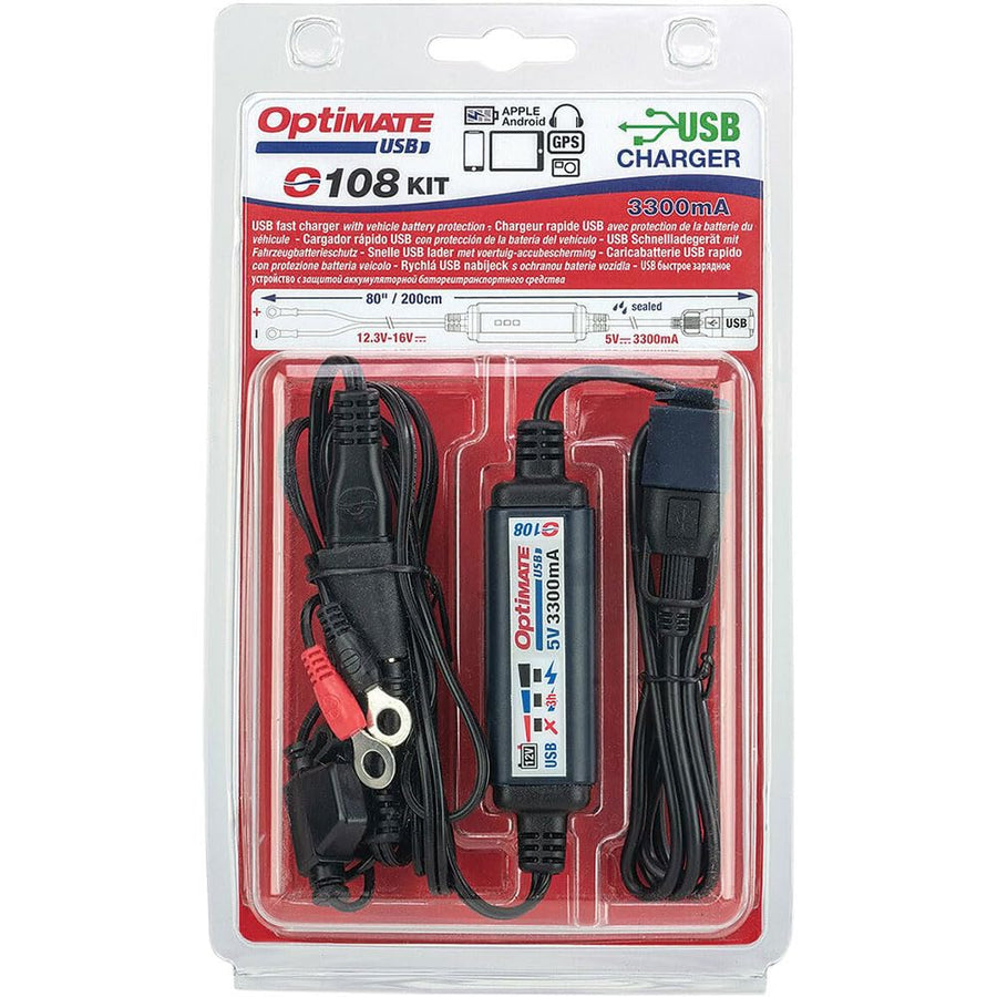 Optimate USB Tecmate O-108 KIT, Smart 3300mA in-Line Charger with Sleep Mode and Vehicle Battery Controller.