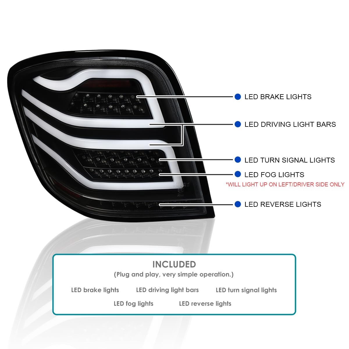 Black LED Bar Tail Lights SPEC-D TUNING Compatible with 2006-2011 Mercedes-Benz W164 ML-Class, Left + Right Pair Assembly
