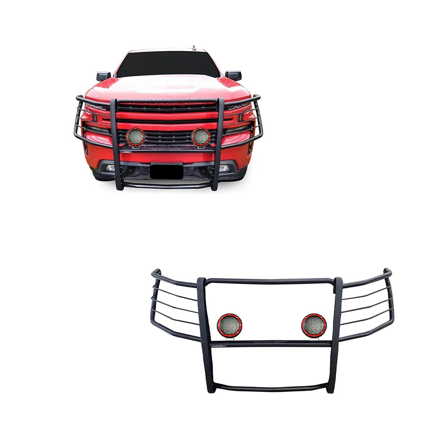 Bumper Guard Black Horse Grille Brush Modular Black Come with Pair of 5.3" Dia.LED Lights with Red Trim Rings Compatible with 2019-2021 Silverado 1500|2022-2022 Silverado 1500 LTD -17GT29MA-PLFR