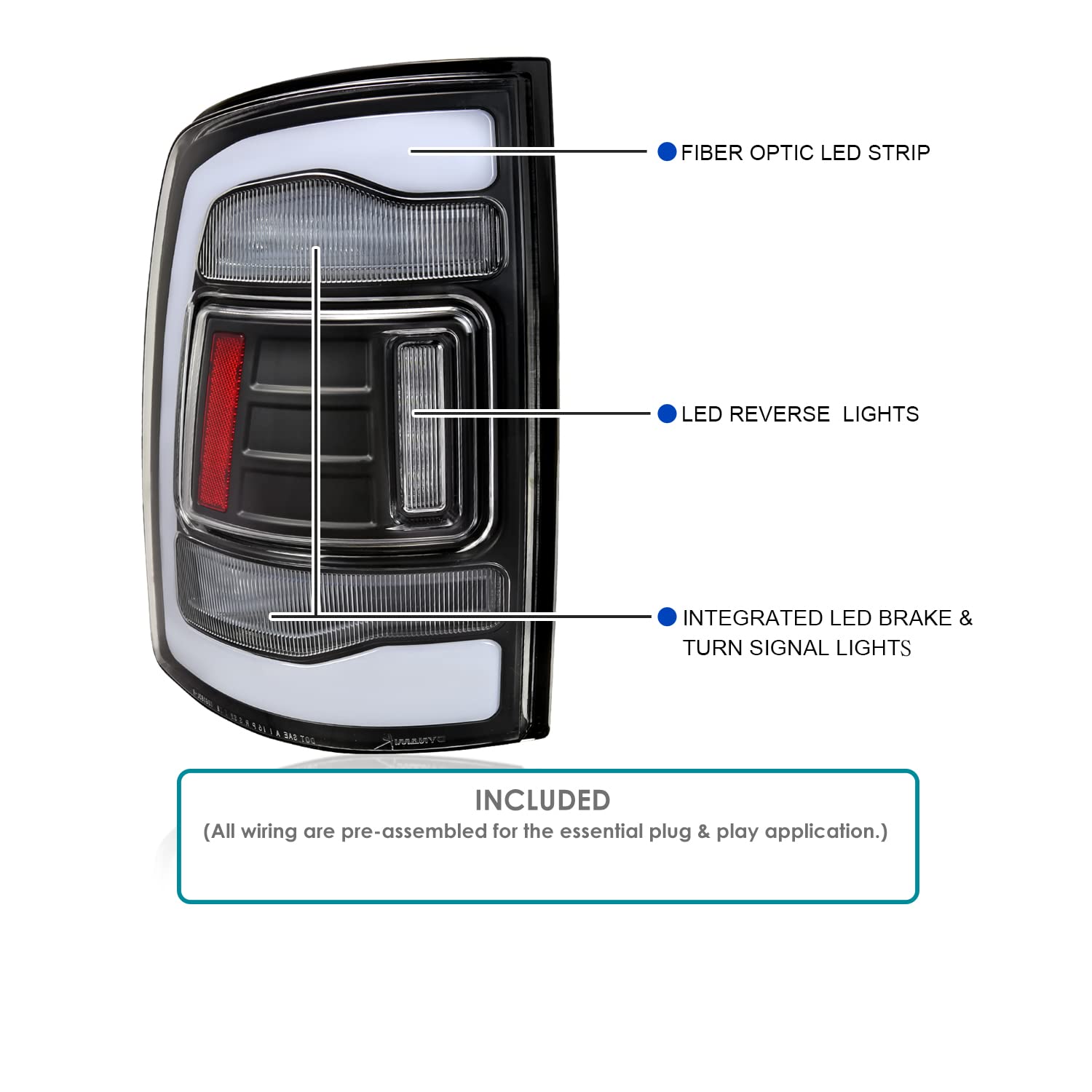 Black LED Tail Lights w/White LED Light Bar SPEC-D TUNING Compatible with 2009-2018 Dodge Ram 1500 2500 3500, Left + Right Pair Assembly