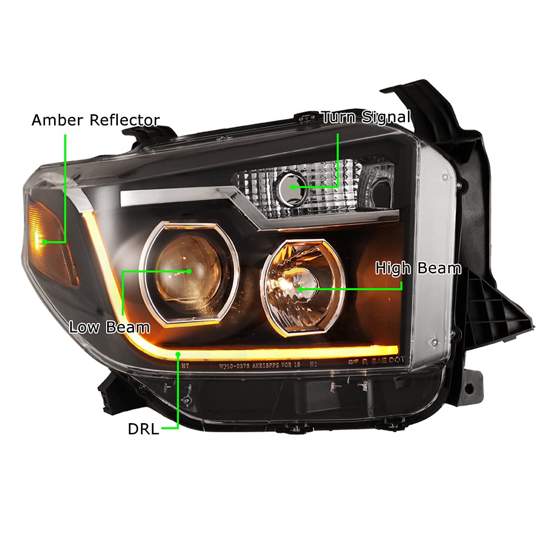 Winjet Headlights Assembly LED Fit for 2014 2015 2016 2017 Toyota Tundra, LED DRL Bar Projector, Head light Replacement for 14-17 Toyota Tundra, 1 Pair Clear Lens