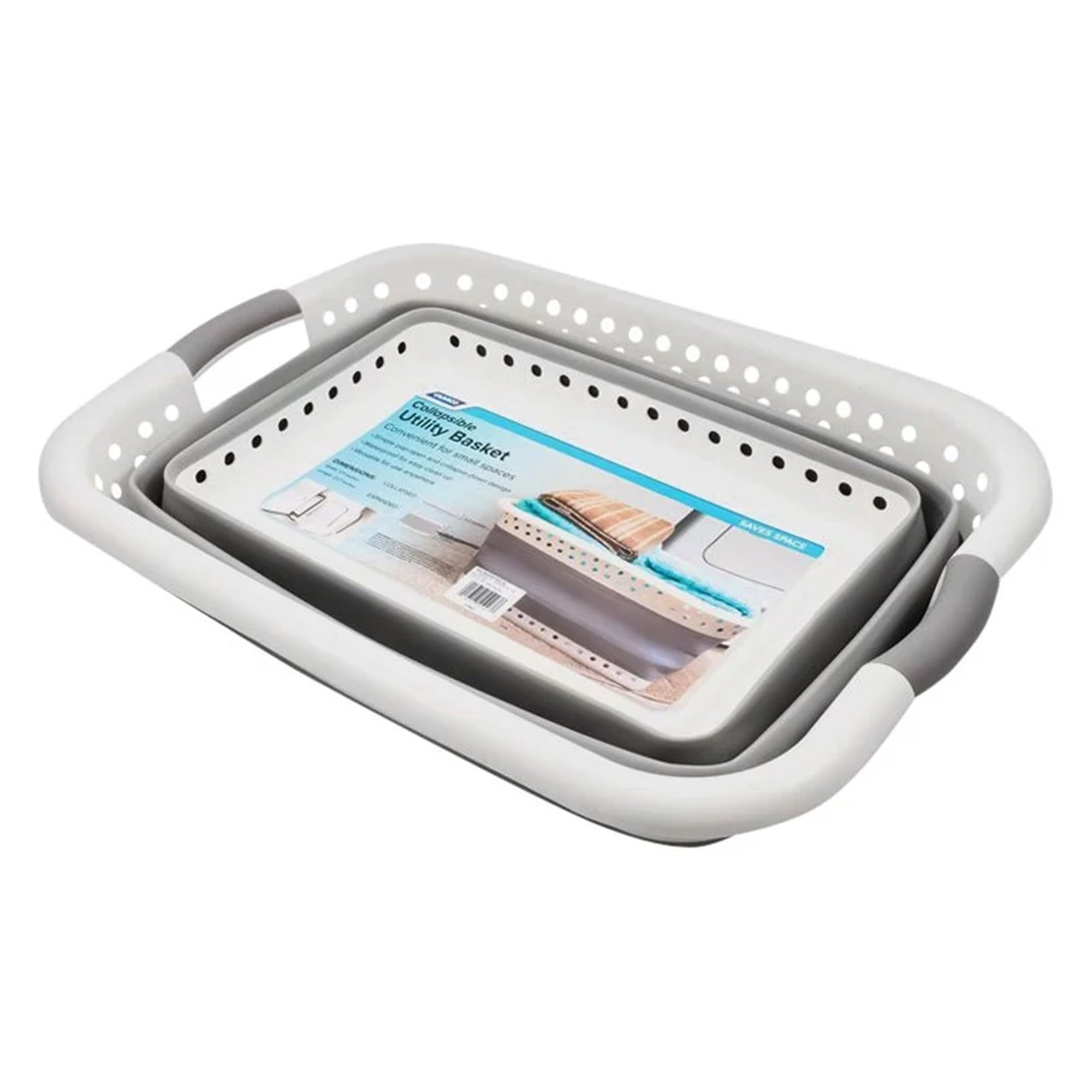 Camco Utility Collapsible Laundry Basket - Waterproof Design Easily Fits Into Compact Spaces | Great for Traveling, RVs, Trailers Camping, Dorms, Small Spaces and More - (51903), White/Gray, Large