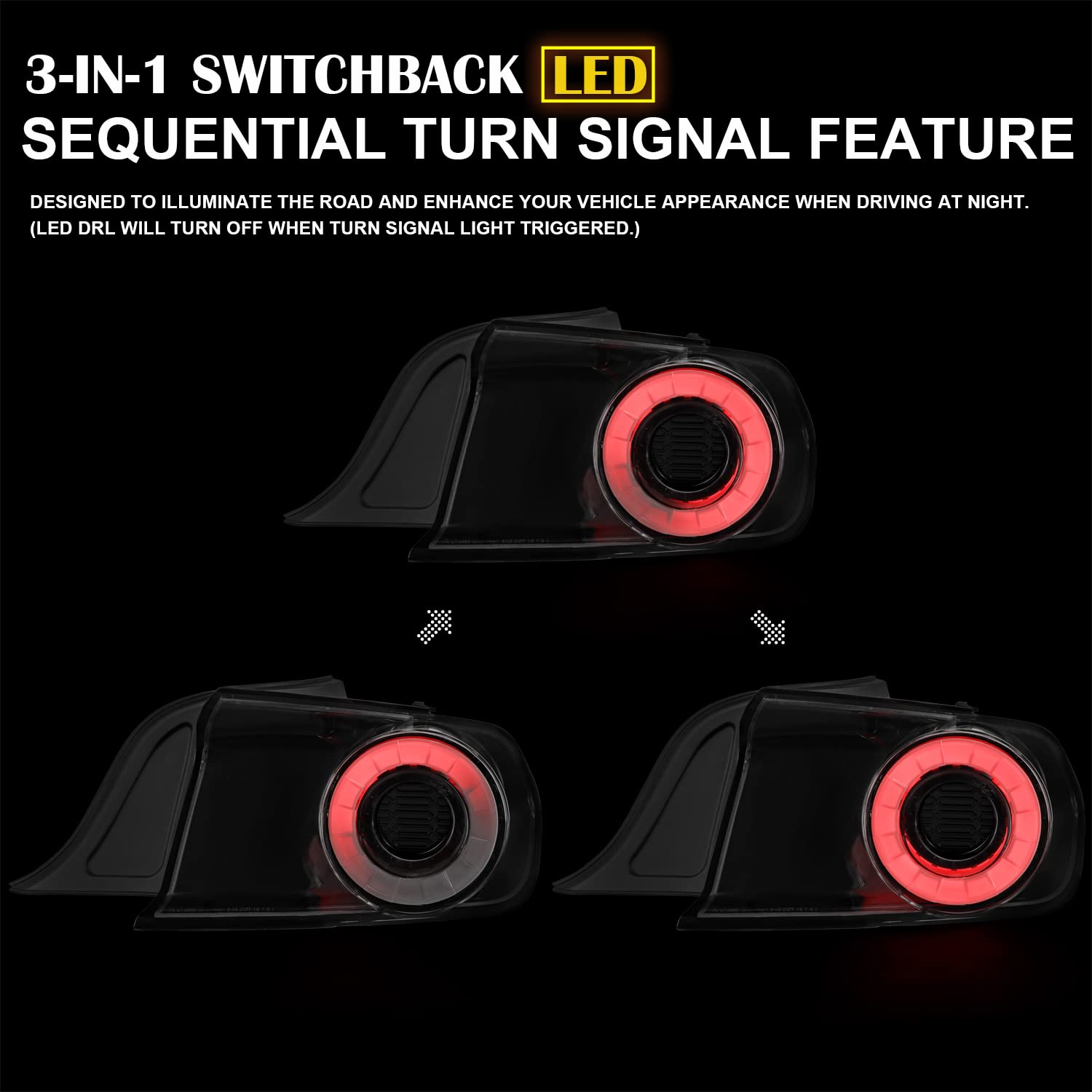 LED Sequential Signal Tail Lights SPEC-D TUNING Glossy Black Compatible with 2015-2022 Ford Mustang, Left + Right Pair Assembly