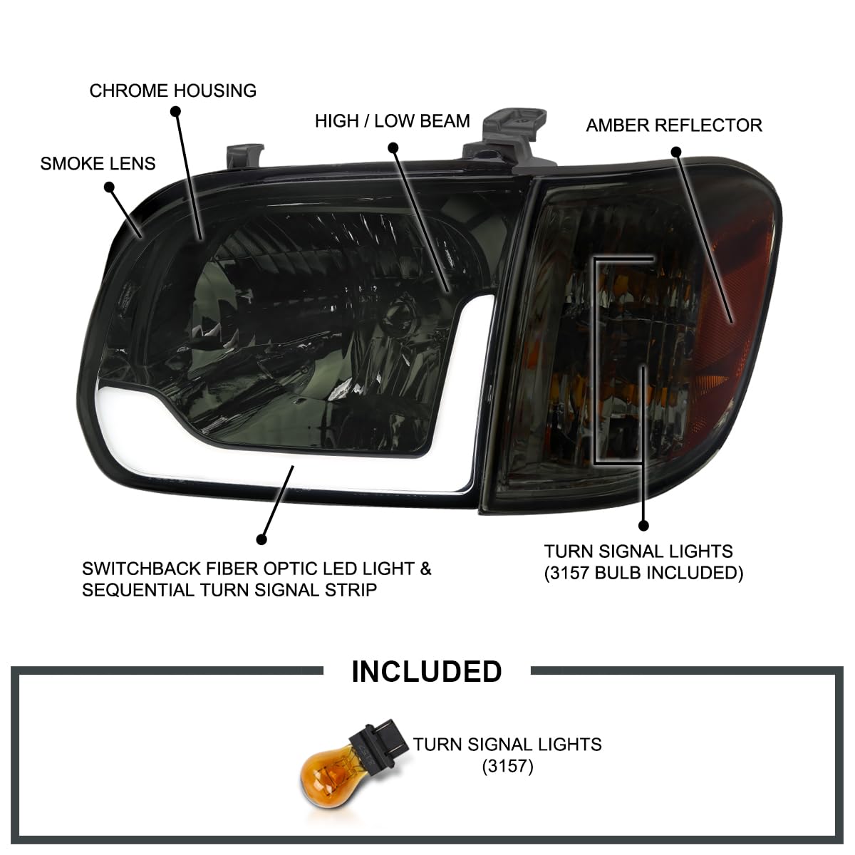 Smoke LED Switchback Sequential Headlights + Corner Lights SPEC-D TUNING Compatible with 2005-2006 Toyota Tundra, Left + Right Pair Headlamp Assembly