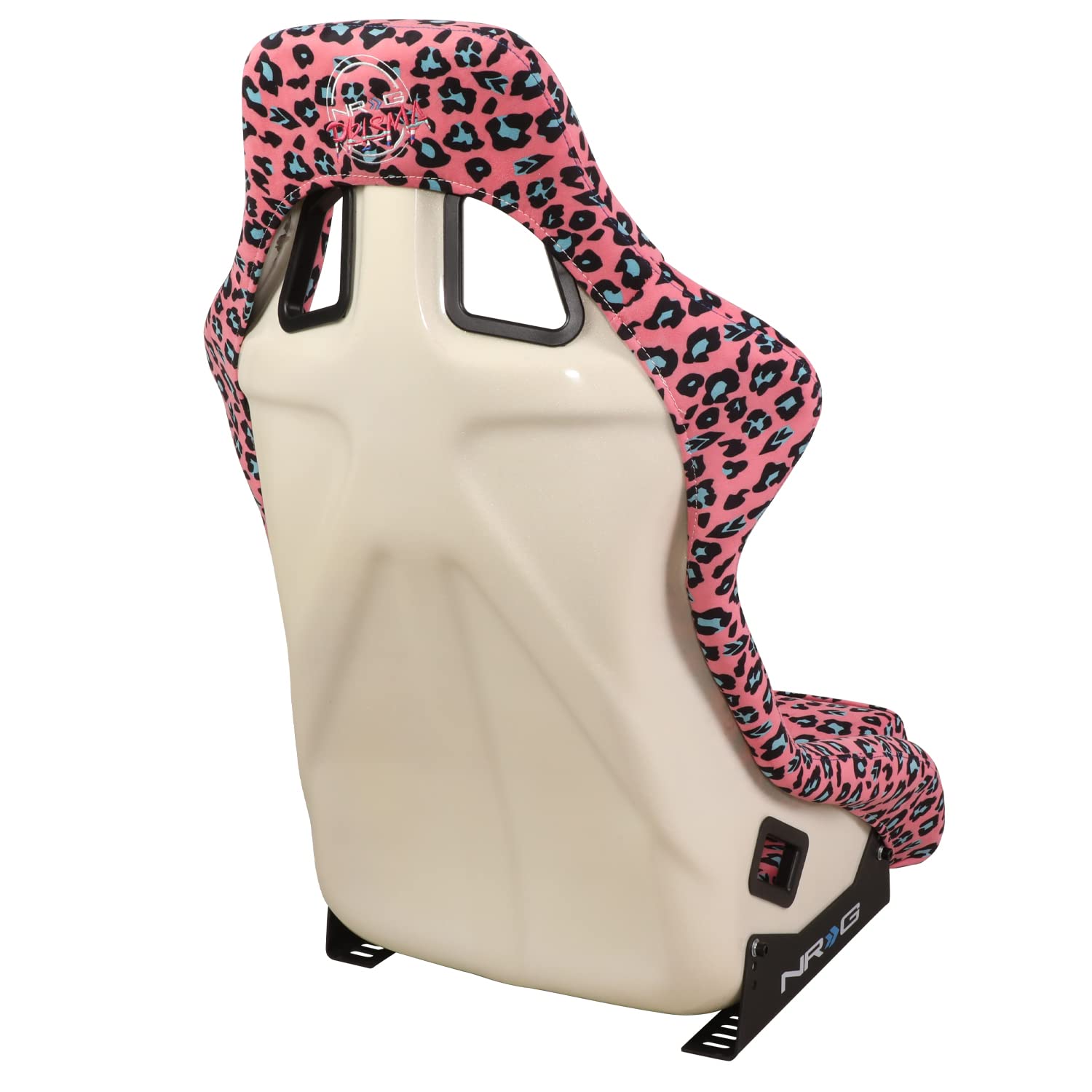 NRG Innovations Prisma FRP-302-PK-SAVAGE Fixed Back Bucket Racing Seat with Bottom Mount Bracket, Pink Savage Cheetah/White Pearl Back