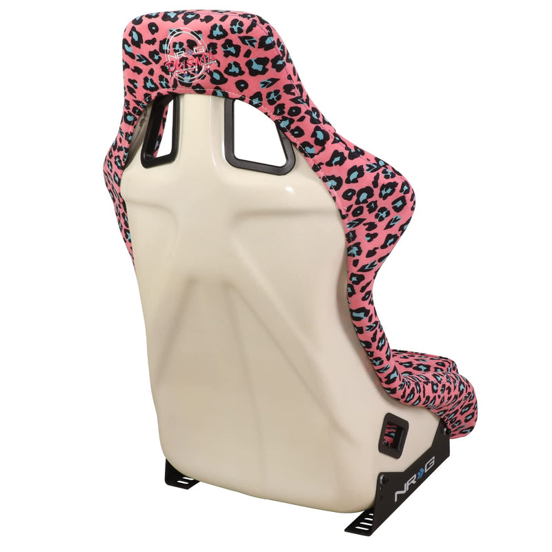 NRG Innovations Prisma FRP-302-PK-SAVAGE Fixed Back Bucket Racing Seat with Bottom Mount Bracket, Pink Savage Cheetah/White Pearl Back