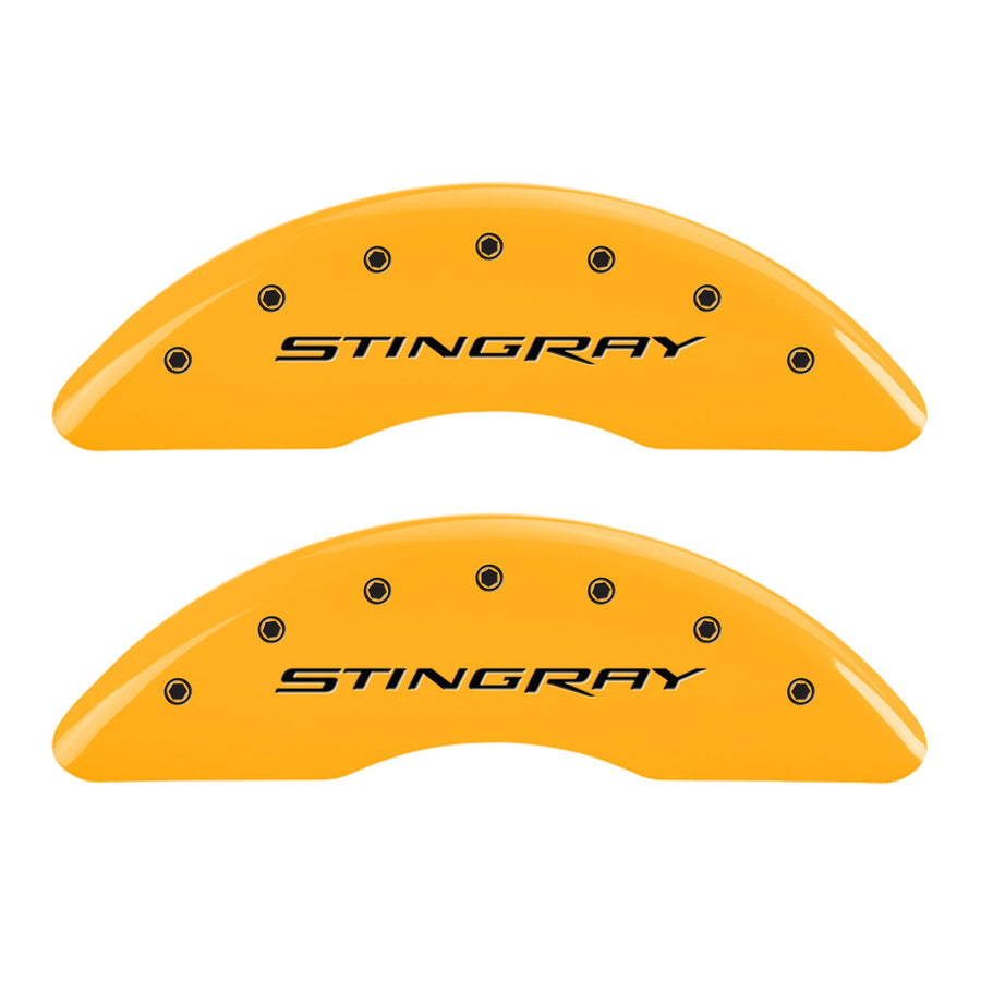 Brake Caliper Covers MGP - Compatible with 2014-2019 Chevy Corvette - Powder-Coated Finish, 4 PCS Front and Rear (Yellow - Stingray Engraving)