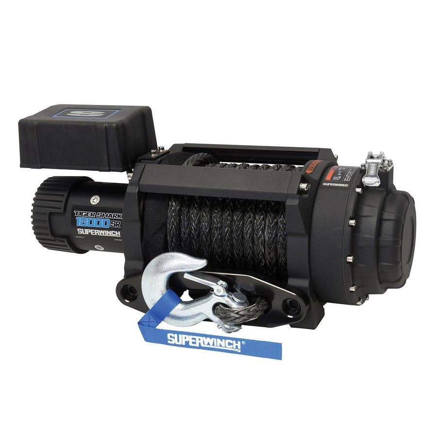 Tiger Shark SUPERWINCH 1518001 12V DC Winch 18,000lb/8165kg Single Line Pull with Hawse Fairlead, 33/64" x 80' Synthetic Rope, Corded Handheld Remote
