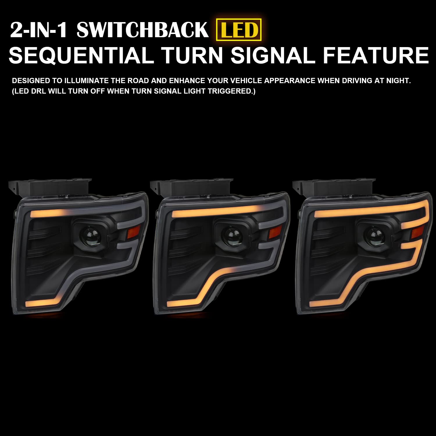Black SPEC-D TUNING Projector Headlights w/Switchback Sequential LED Signal Tube and Startup Animation Compatible with 2009-2014 Ford F150 F-150, Left + Right Pair Headlamps Assembly
