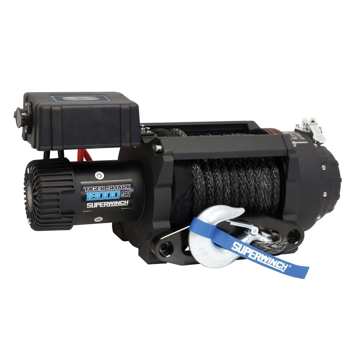 Tiger Shark SUPERWINCH 1518001 12V DC Winch 18,000lb/8165kg Single Line Pull with Hawse Fairlead, 33/64" x 80' Synthetic Rope, Corded Handheld Remote