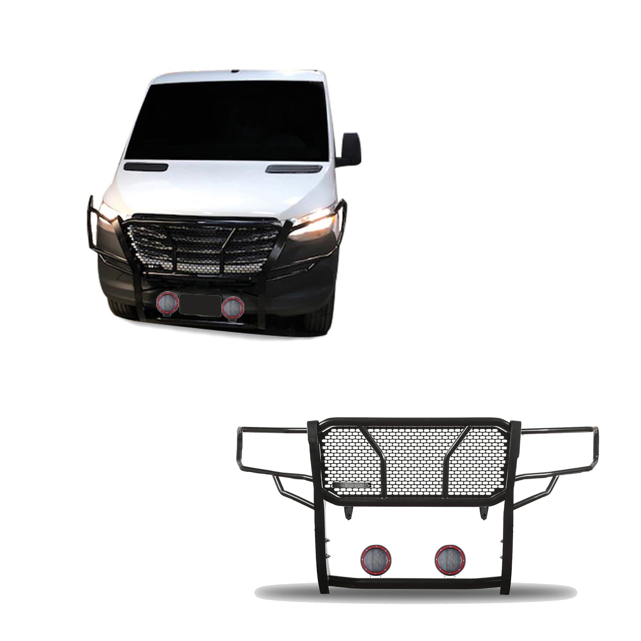 RUGGED HD Black Horse Grille Brush Bumper Guard Modular Black Come With Pair of 5.3"LED light Compatible with 2007-2009 Dodge sprinter 2500/3500|07-16 Freightliner sprinter 2500/3500-RU-DOSP07-B-PLFR