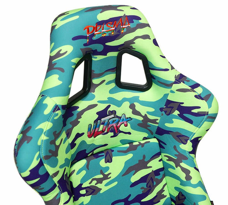 NRG Innovations Prisma NRG-FRP-302-GIJ Fixed Back Bucket Seat wBottom Mount,Green Camo Print Fabric/Green Sparkle Back