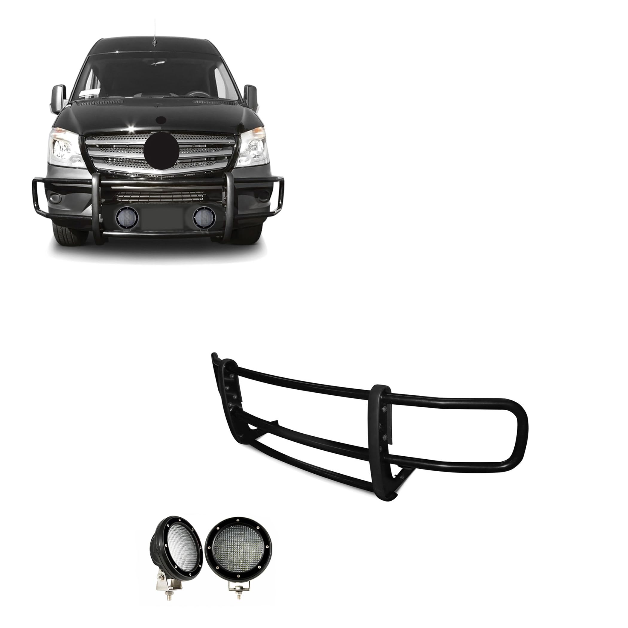 Spartan Grille Guard Black W/Pair of 5.3" LED Lights Black Compatible with 07-09 Dodge-Freightliner Sprinter 2500/3500|19-24-Benz Sprinter 1500/4500|10-24-Benz Sprinter 2500/3500-17D501MA-PLFB