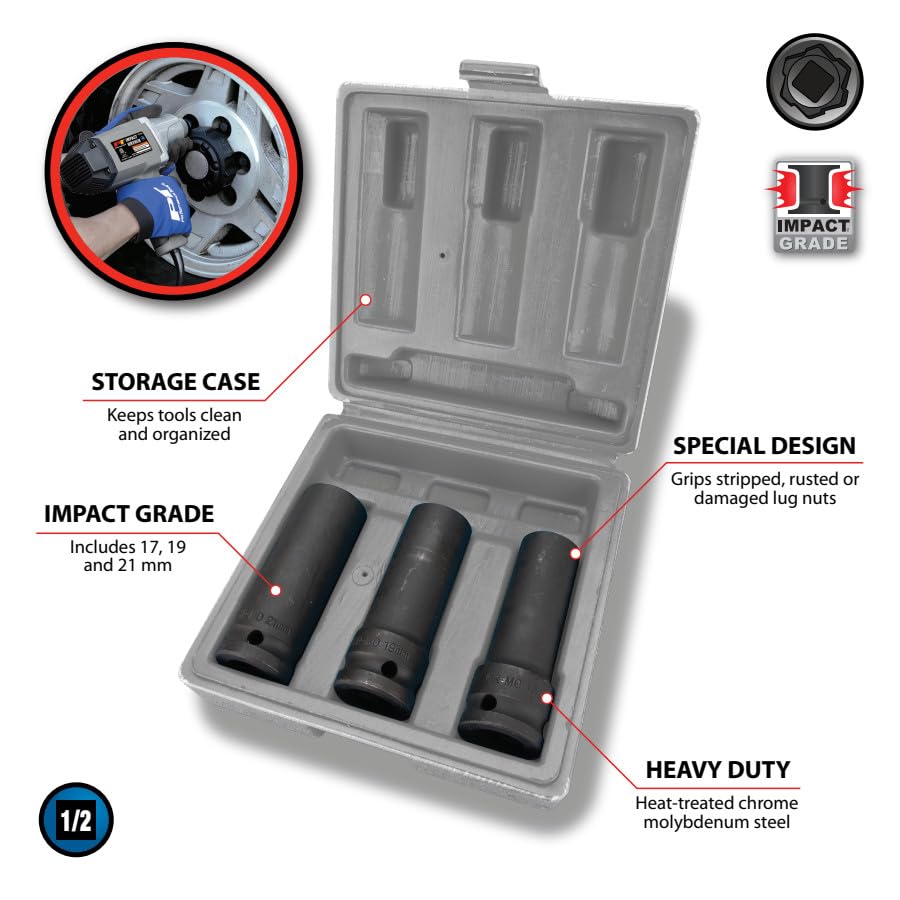 W87140 Performance Tool Damaged Lug Nut Sockets Set - 1/2" Drive (3 Pieces) with Molded Case - Removes Rusted, Rounded-Off Nuts and Bolts - 17mm, 19mm, 21mm
