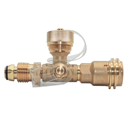 Flame King Brass Tee 4 Port Propane Adapter POL Inlet, 1/4 Inverted Female Flare Inlet, QCC Outlet, CGA600 Outlet (RV-COMBO1)