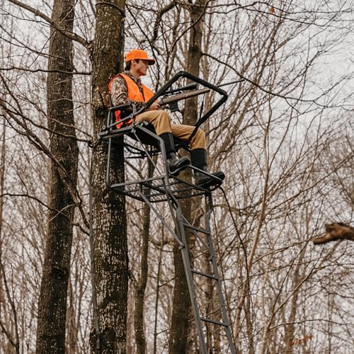 Jumbo Jack™ LS 1-Man Ladder Stand, Rivers Edge® 19’ Height, Lockdown™ Strapping System, Wide Flip-Up TearTuff™ Mesh Seat, Jumbo Platform, Flip-Out Footrest, 2-Way Adjustable Shooting Rail, RE676