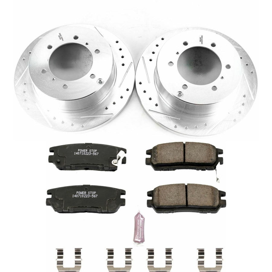 Power Stop K5022 Brake Pads Rear Z23 Carbon Fiber with Drilled & Slotted Brake Rotors Kit For Mitsubishi Montero 1991-2000 [Model Specific]