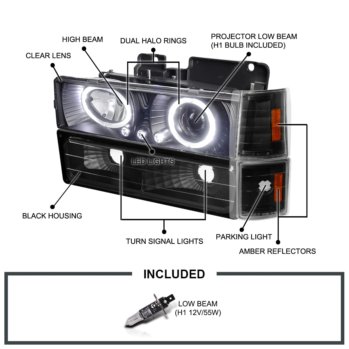 Black LED Halo Projector Headlights + Bumper Lights + Corner SPEC-D TUNING Compatible with 1994-1998 GMC C/K C10, Sierra, Yukon, Suburban Left + Right Pair Headlamps Assembly