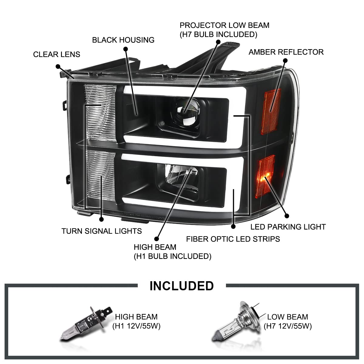 Black LED Bar Projector Headlights SPEC-D TUNING Compatible with 2007-2013 GMC Sierra Models 1500 1500HD 2500HD 3500HD, Left + Right Pair Headlamps Assembly