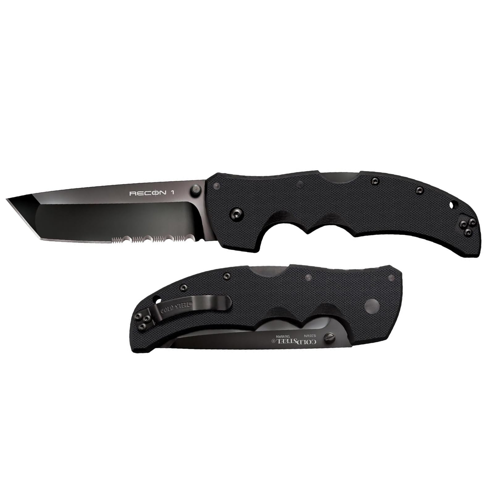 Recon 1 Series Cold Steel Tactical Folding Knife with Tri-Ad Lock and Pocket Clip - Made with Premium CPM-S35VN Steel, Tanto Half Serrated
