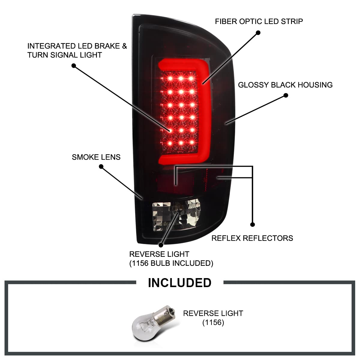 Glossy Black Smoke LED Tail Lights SPEC-D TUNING Compatible with 2007-2008 Dodge Ram 1500, 2007-2009 Dodge Ram 2500/3500, Left + Right Pair Assembly