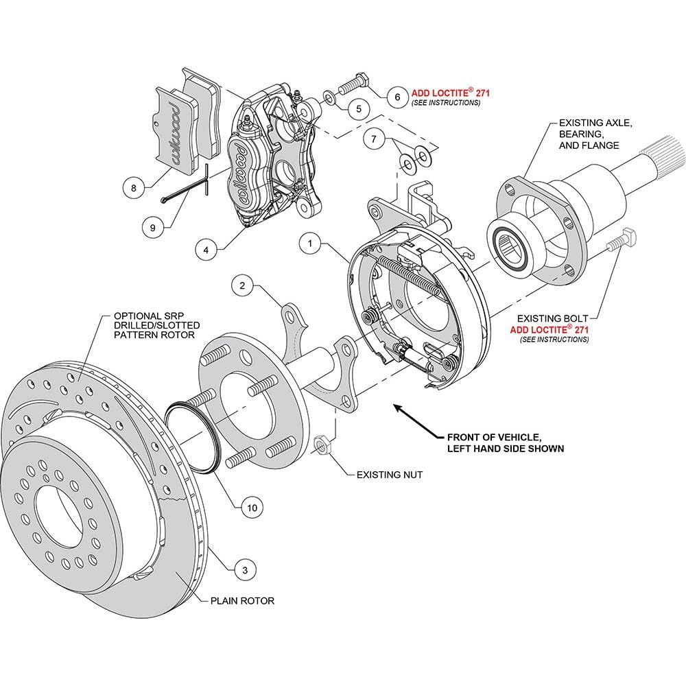 140-9791-DR WILWOOD P/S Park Brake Kit, Drill, Red New Big Ford 2.50" Offset, Front Caliper Mt.