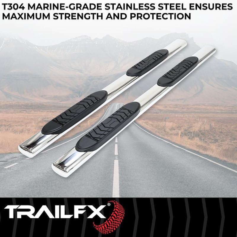 Nerf Bar TrailFX Fits Ford F-250 Super Duty Crew Cab 1999-2016 5-Inch Oval Straight Polished Stainless Steel with Slip-Resistant Step Pads Rocker Panel Mount Set of 2 Running Boards A7015S TrailFX