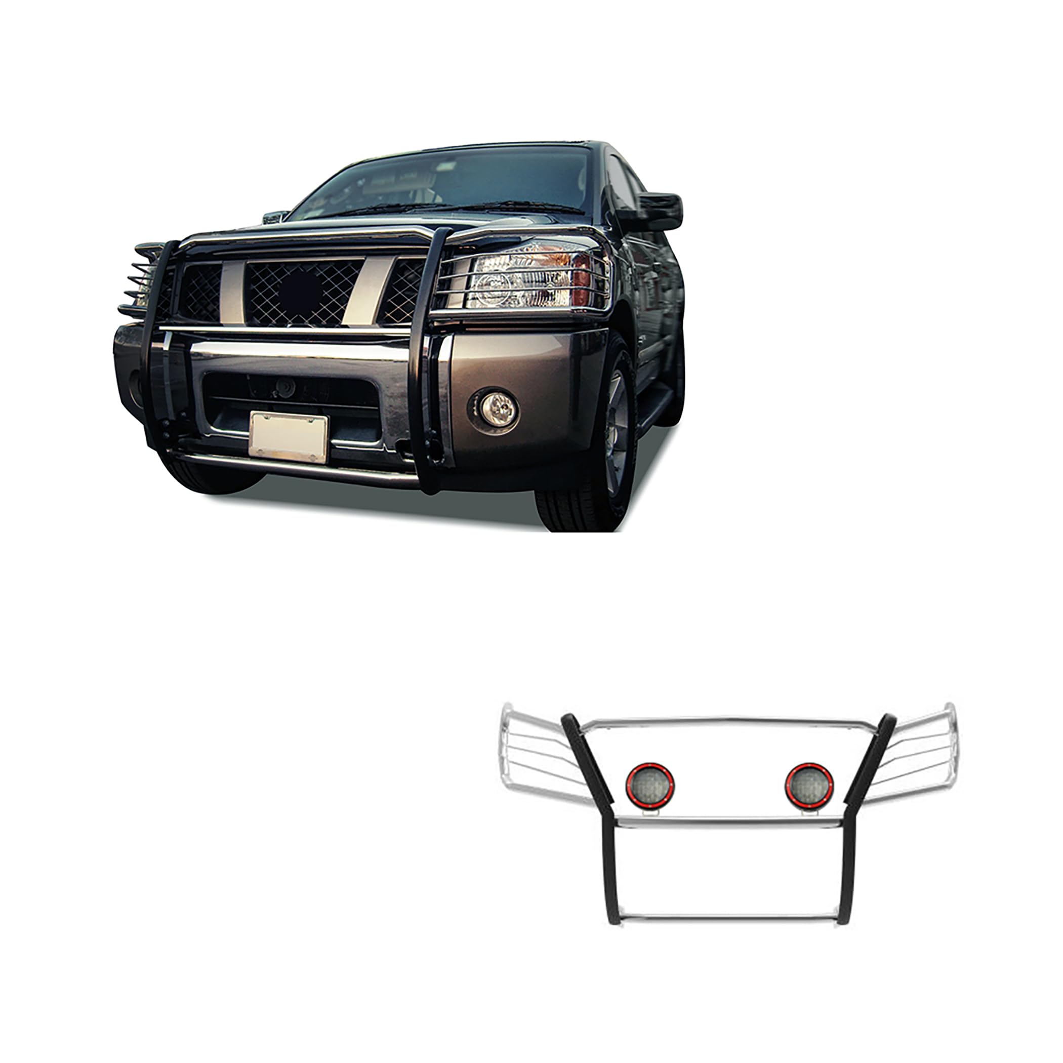 Grille Brush Black Horse Bumper Guard Modular Stainless Steel Come with Pair of 5.3" LED Light with Red Trim Rings Compatible with 2005-2015 Armada|2004-2015 Titan Crew Cab & King Cab-17NR26MSS-PLFR