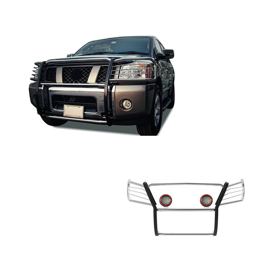 Grille Brush Black Horse Bumper Guard Modular Stainless Steel Come with Pair of 5.3" LED Light with Red Trim Rings Compatible with 2005-2015 Armada|2004-2015 Titan Crew Cab & King Cab-17NR26MSS-PLFR