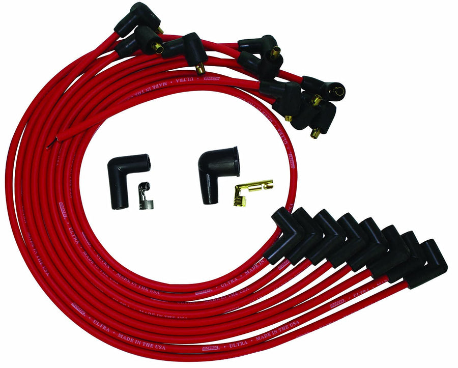 Ultra Series Moroso 52043 Red Spark Plug Wires, Big Block Chevy, Under Header Routing, 90 Degree Plug Ends, HEI Distributor