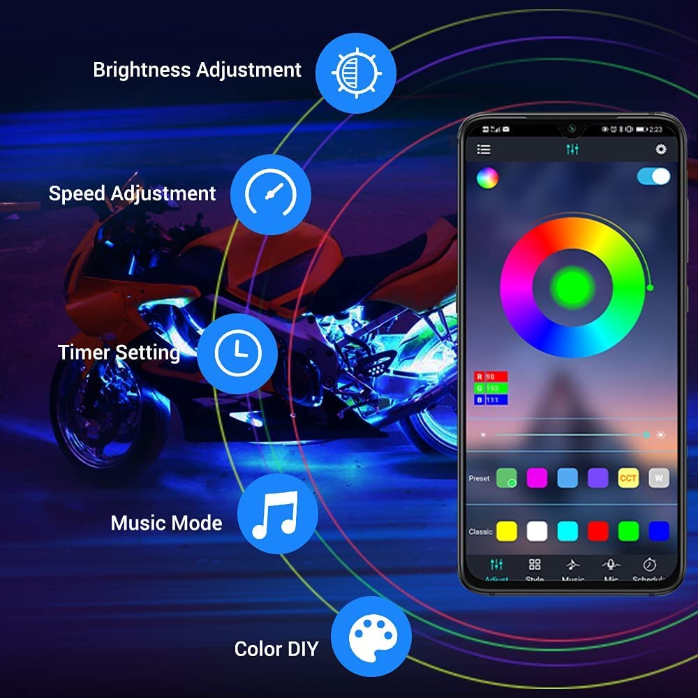 Race Sport Underbody Lighting RGB Multi-Color LED Motorcycle Accent Strip Light Kit RSMCACS