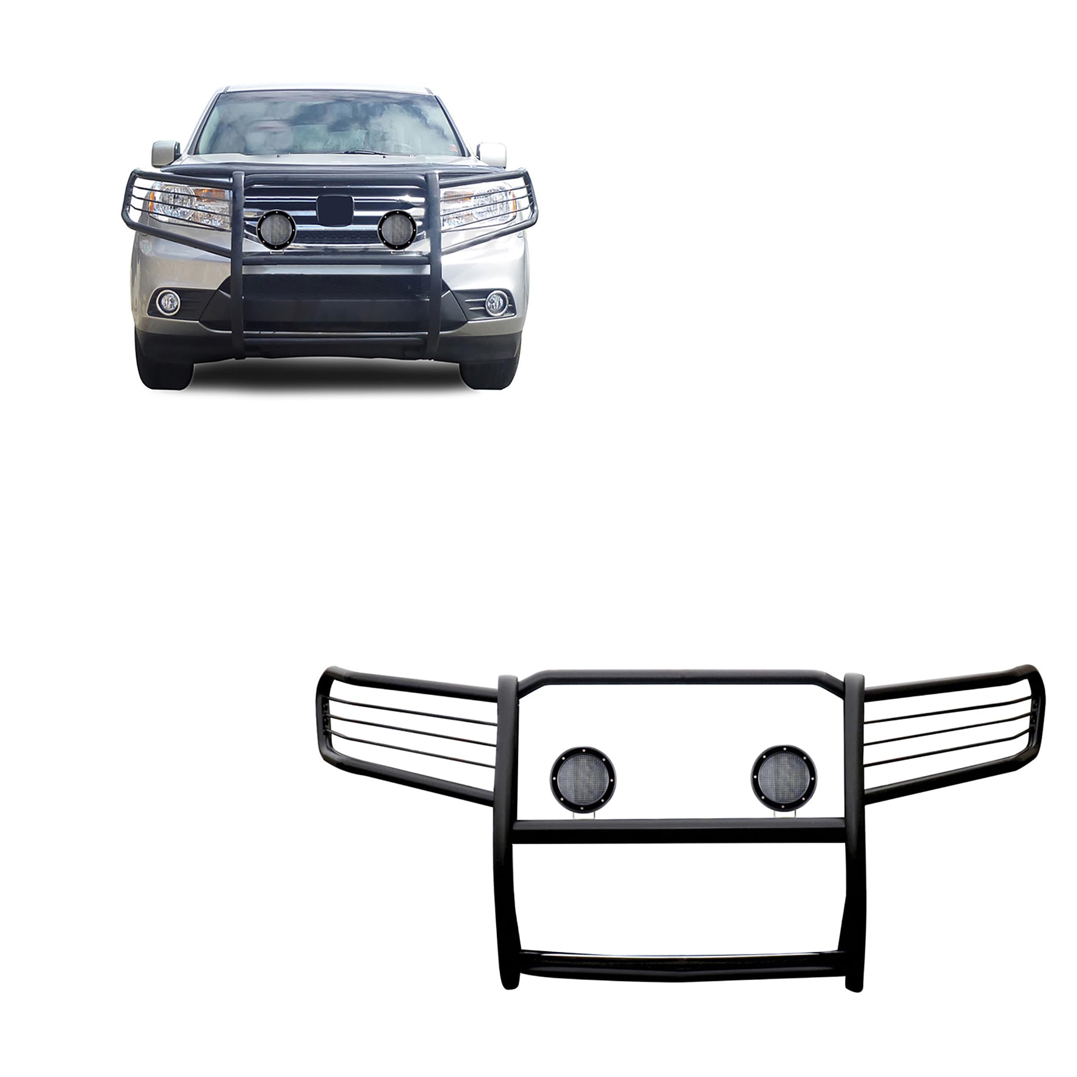 Bumper Guard Black Horse Grille Brush Modular Black Come with Pair of 5.3" Dia.LED Lights with Black Trim Rings Compatible with 2009-2015 Honda Pilot-17H151400MA-PLFB