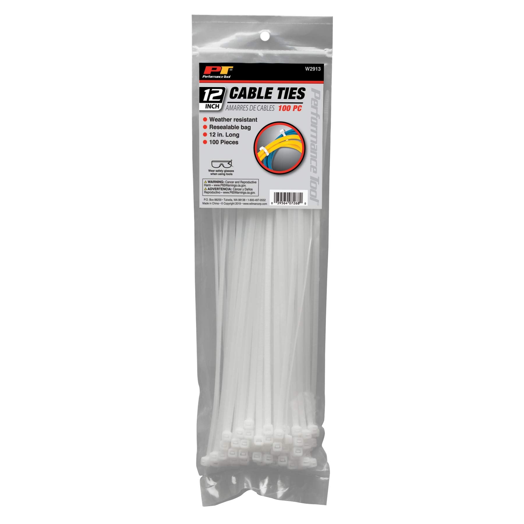 100 Pcs Performance Tool W2913 12-Inch White Cable Ties with 50 Lbs Tensile Strength in Resealable Bag