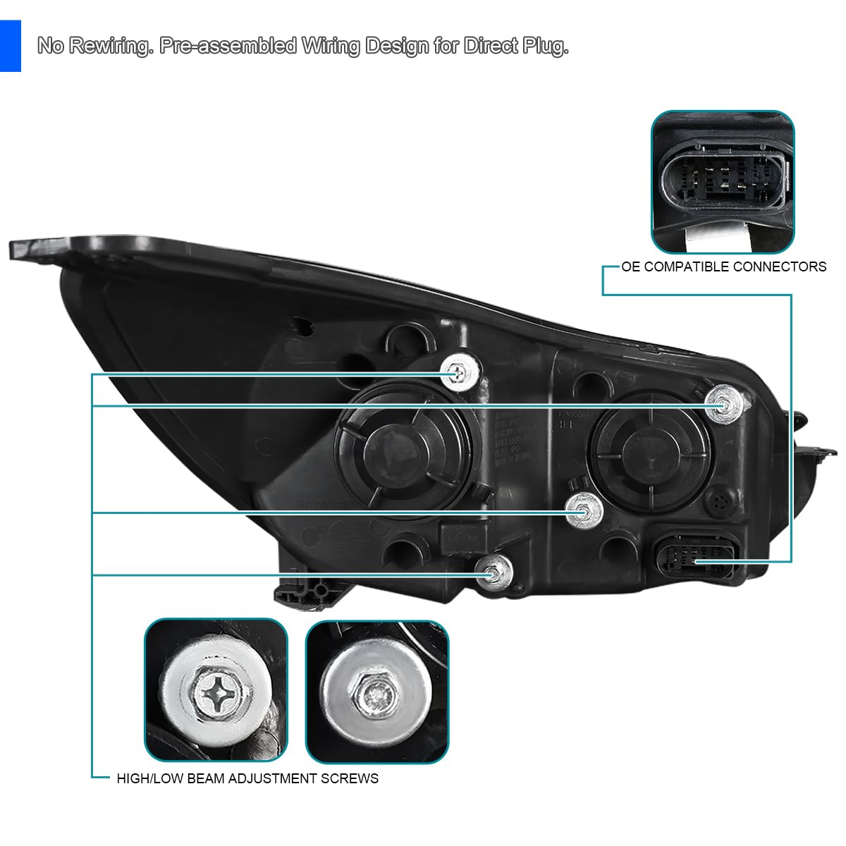 Black SPEC-D TUNING Projector Headlights w/LED Turn Signal Light Bar Compatible with 2012-2014 Ford Focus, Left + Right Pair Headlamps Assembly