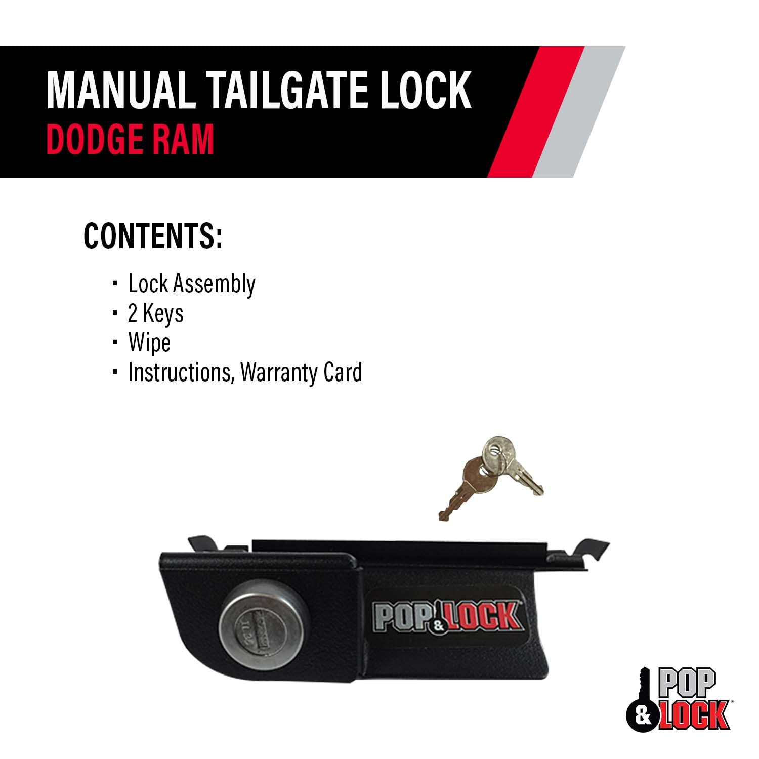 Manual Tailgate Lock – Pop & Lock for Dodge Ram 1500, 2500, and 3500, Fits 2002 to 2008 (Chrome, PL3400C, Works with No Factory Lock)