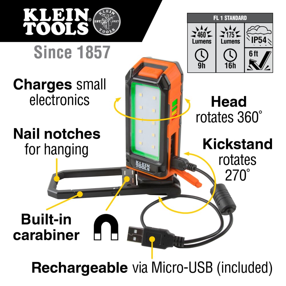 Klein Tools LED Light 56403, Rechargeable Flashlight/Worklight with Kickstand, Magnetic Mount, and Carabiner, Charges Small Electronics, for Work, Camping