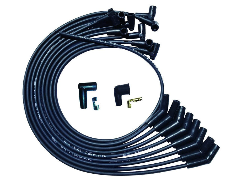 Moroso Ultra Series Black Spark Plug Wires, Small Block Chevy, Routing Over Valve Cover, 135 Degree Plug Ends, HEI Distributor