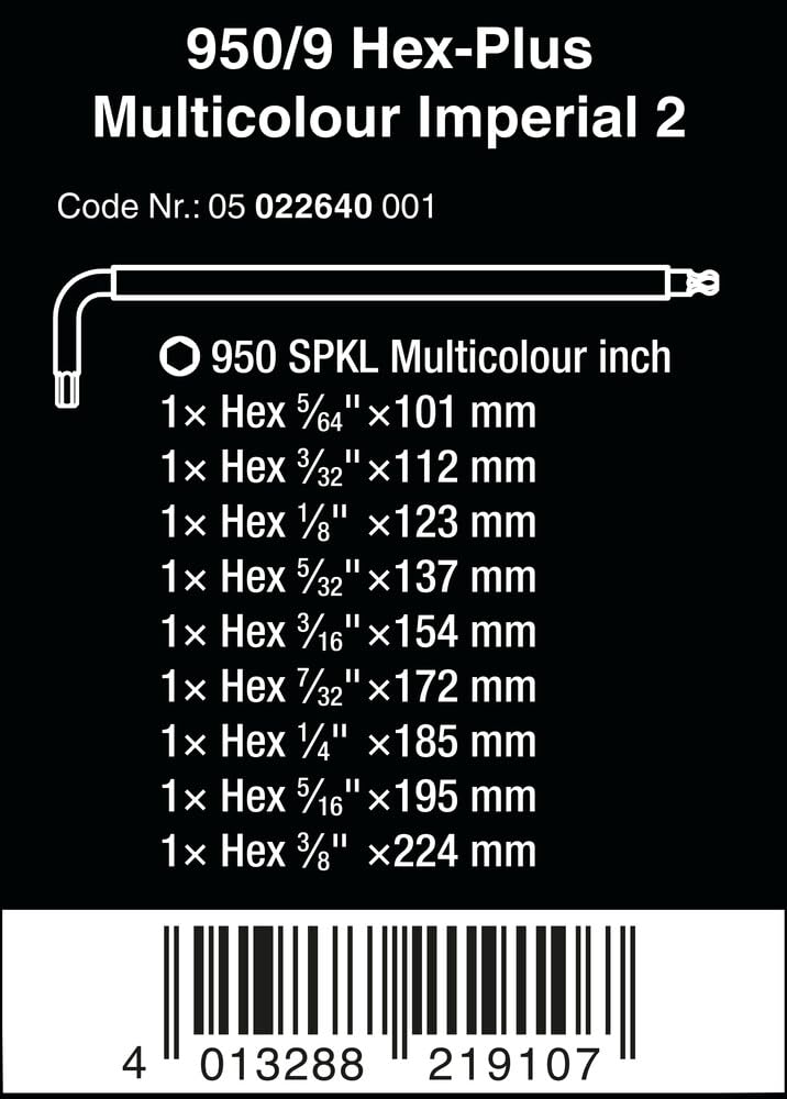 LONG ARM HEX KEY SET 950 SPKL/9 SZ (SB Package Clip NEW)