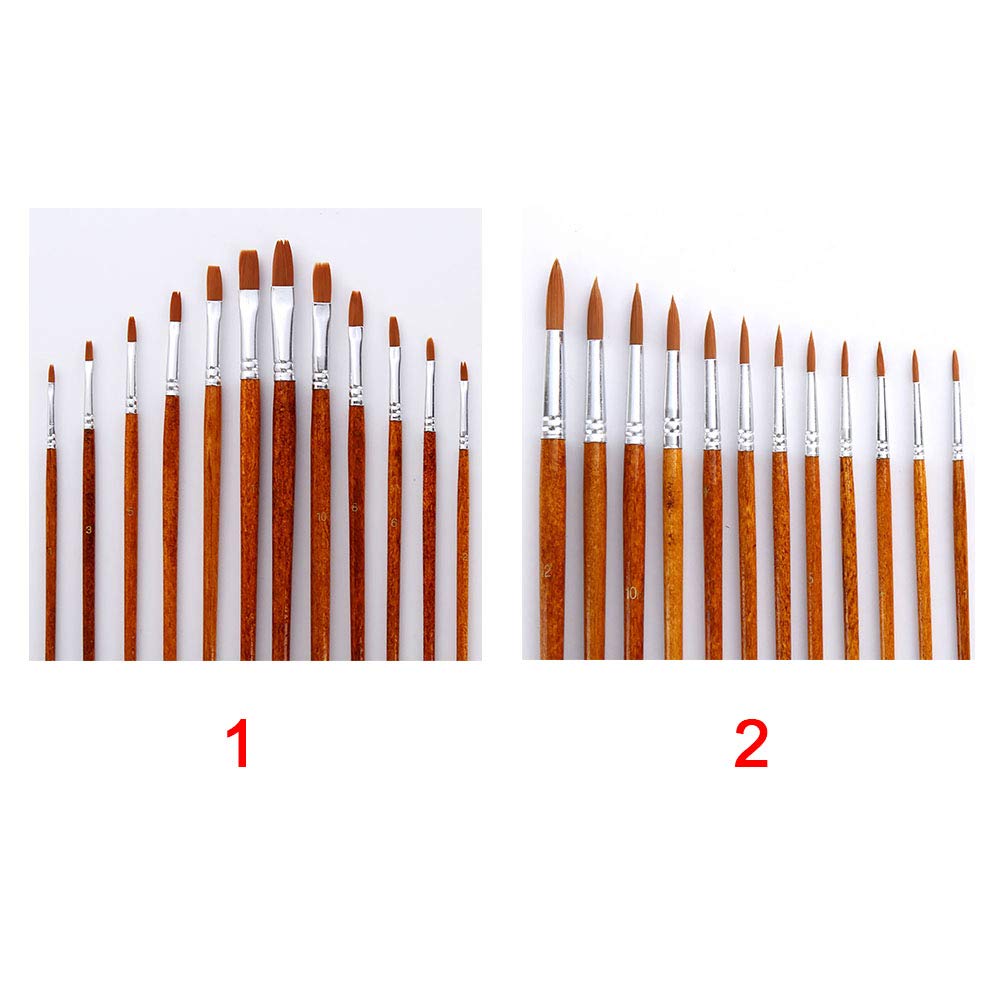 12pcs Paint Brush Oil Painting Set Watercolor Acrylic Wood Handles Art Supplies Reusable Nylon Fine Pointed Flat Drawing