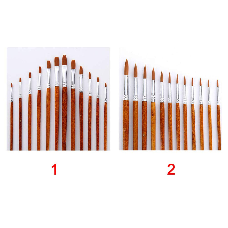 12pcs Paint Brush Oil Painting Set Watercolor Acrylic Wood Handles Art Supplies Reusable Nylon Fine Pointed Flat Drawing