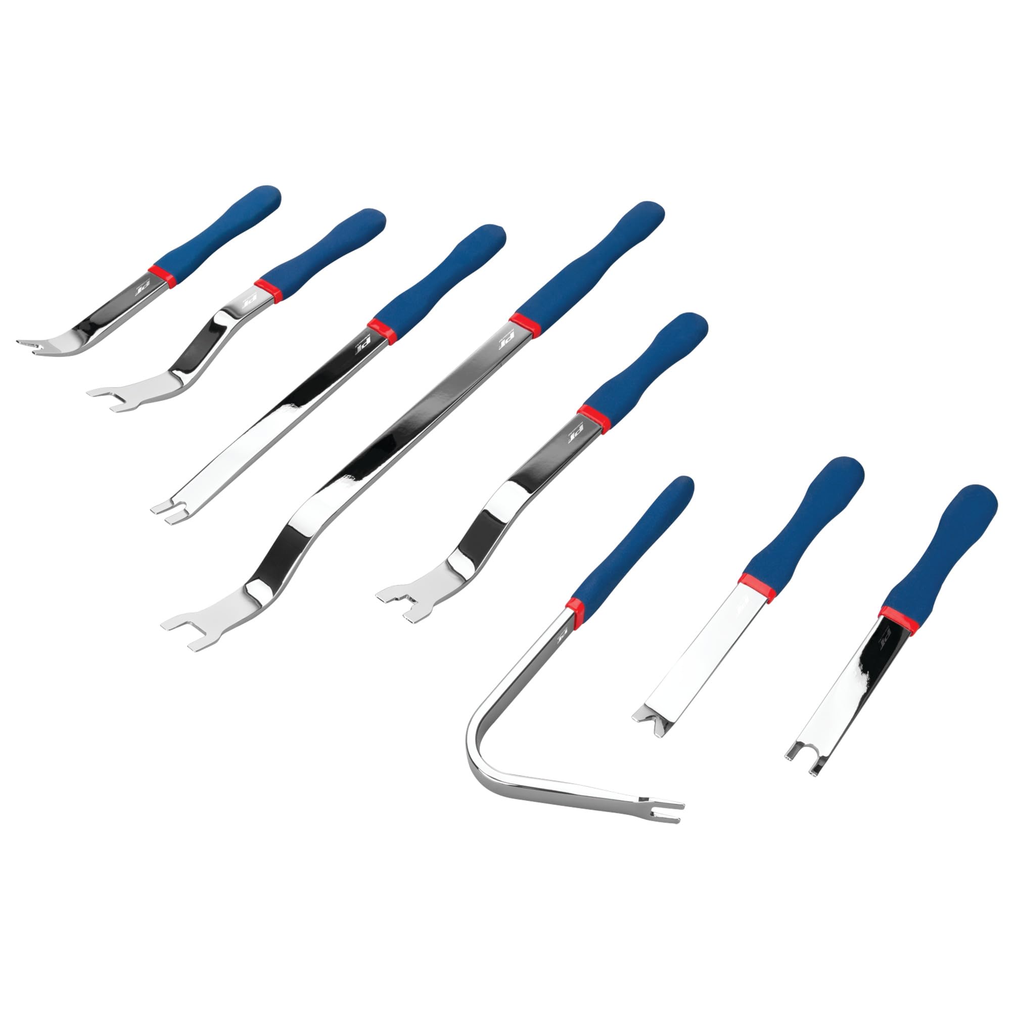 8-Piece Performance Tool W86568 Trim Clip Lifting Tool Set, Eight Different Offsets, Three Different Jaw Spreads, Comfort Handles, 3 Extra Long Trim Tools, 5 Standard, Full Steel, Forked Tip